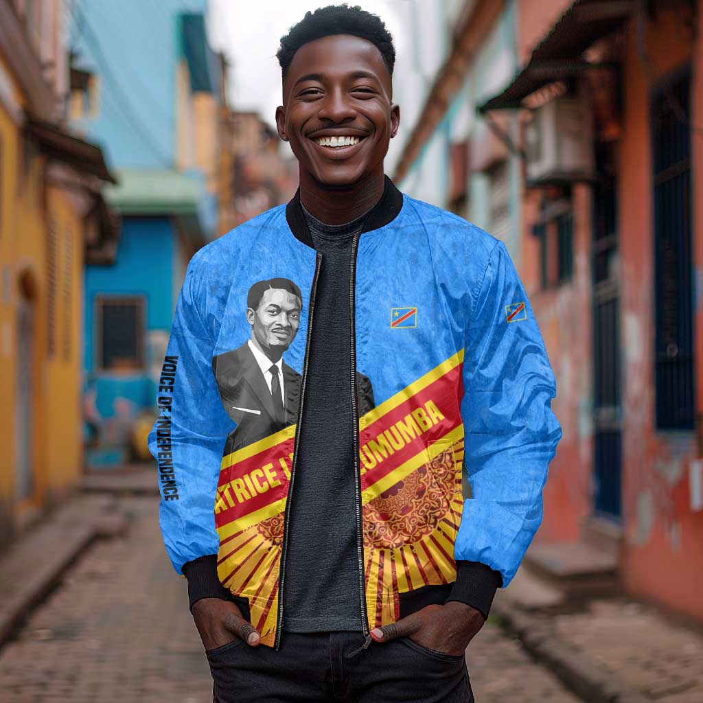 Patrice Lumumba Bomber Jacket with Congolese Flag Colors and African History Quote - African Pride