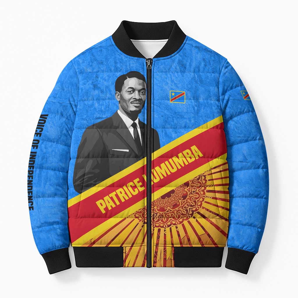 Patrice Lumumba Bomber Puffer Jacket with Congolese Flag Colors and African History Quote - African Pride