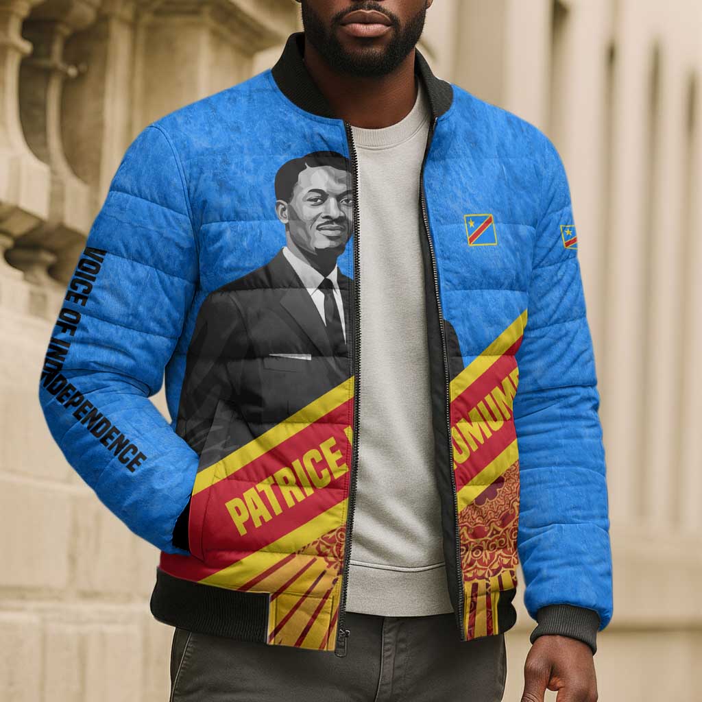 Patrice Lumumba Bomber Puffer Jacket with Congolese Flag Colors and African History Quote - African Pride