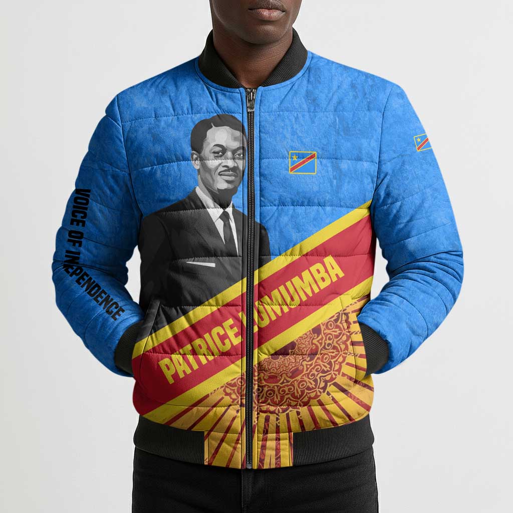 Patrice Lumumba Bomber Puffer Jacket with Congolese Flag Colors and African History Quote - African Pride