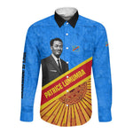 Patrice Lumumba Long Sleeve Button Shirt with Congolese Flag Colors and African History Quote - African Pride