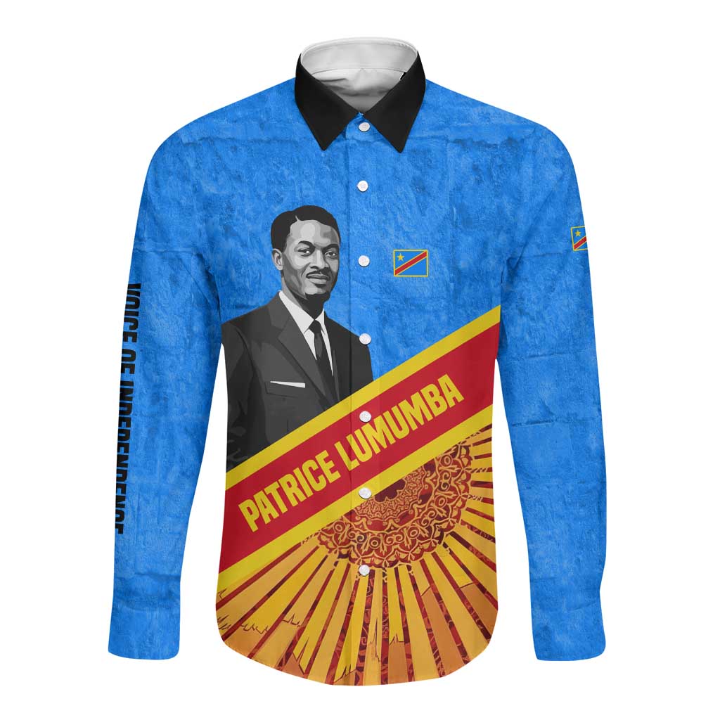 Patrice Lumumba Long Sleeve Button Shirt with Congolese Flag Colors and African History Quote - African Pride