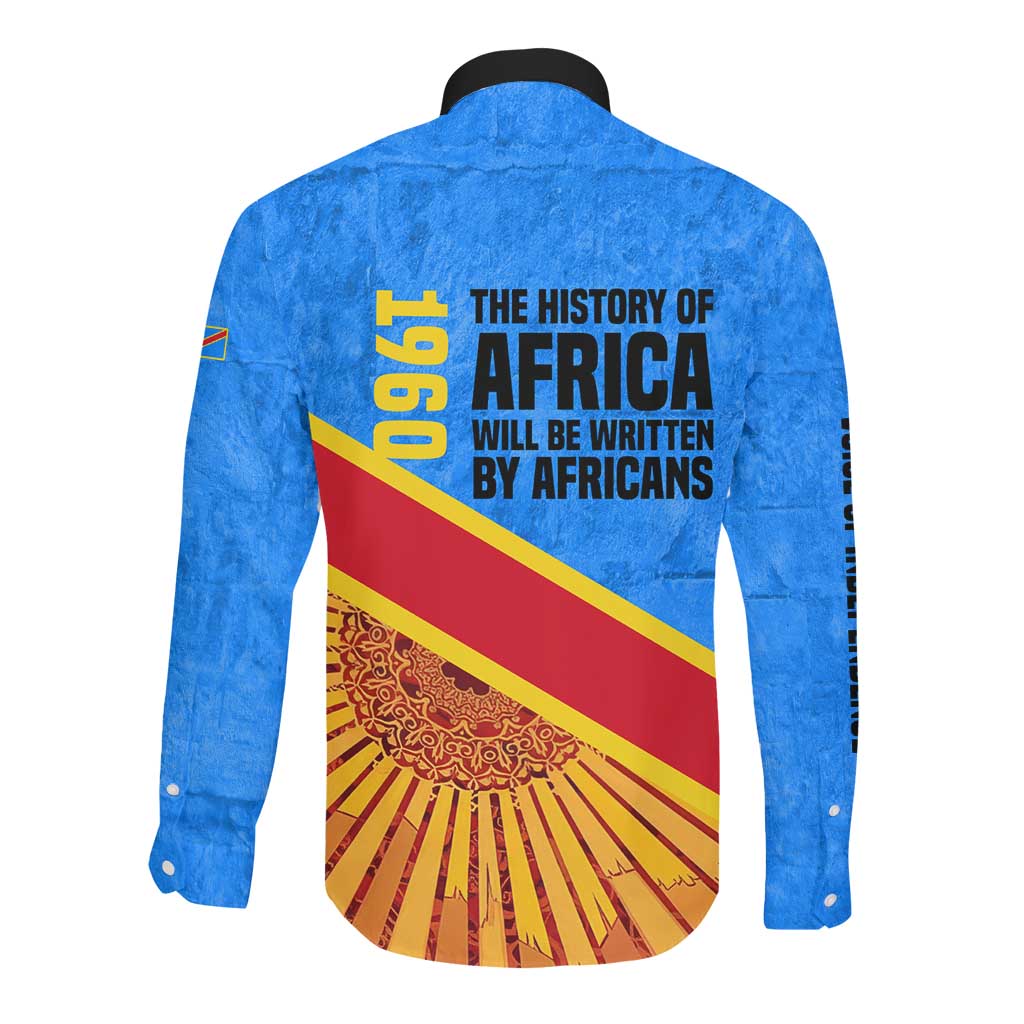 Patrice Lumumba Long Sleeve Button Shirt with Congolese Flag Colors and African History Quote - African Pride