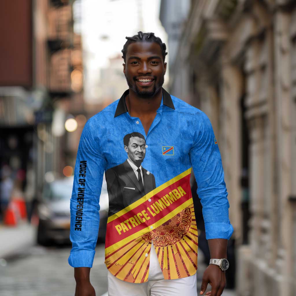 Patrice Lumumba Long Sleeve Button Shirt with Congolese Flag Colors and African History Quote - African Pride