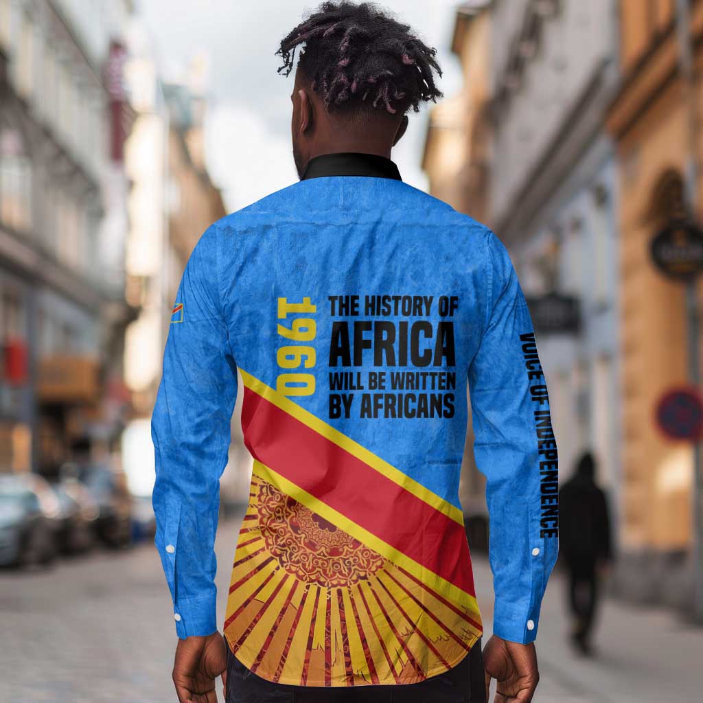 Patrice Lumumba Long Sleeve Button Shirt with Congolese Flag Colors and African History Quote - African Pride