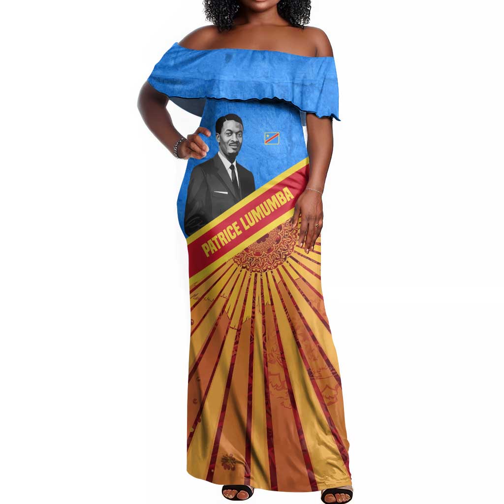 Patrice Lumumba Off Shoulder Maxi Dress with Congolese Flag Colors and African History Quote - African Pride
