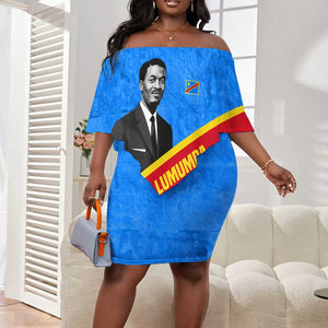 Patrice Lumumba Off Shoulder Short Dress with Congolese Flag Colors and African History Quote - African Pride
