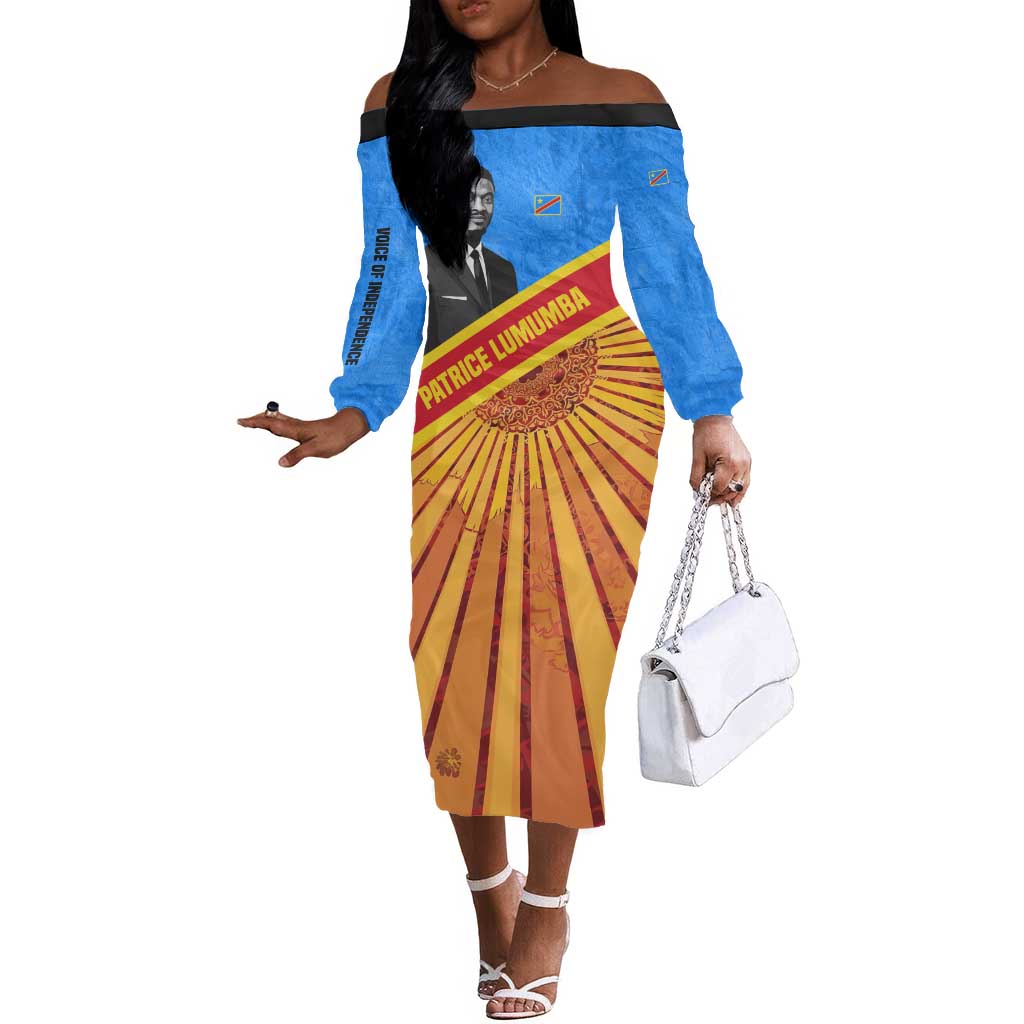 Patrice Lumumba Off The Shoulder Long Sleeve Dress with Congolese Flag Colors and African History Quote - African Pride