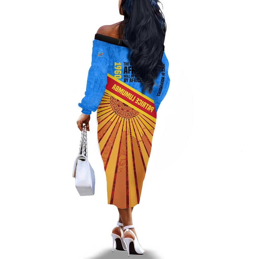 Patrice Lumumba Off The Shoulder Long Sleeve Dress with Congolese Flag Colors and African History Quote - African Pride