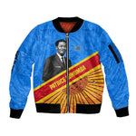 Patrice Lumumba Sleeve Zip Bomber Jacket with Congolese Flag Colors and African History Quote - African Pride