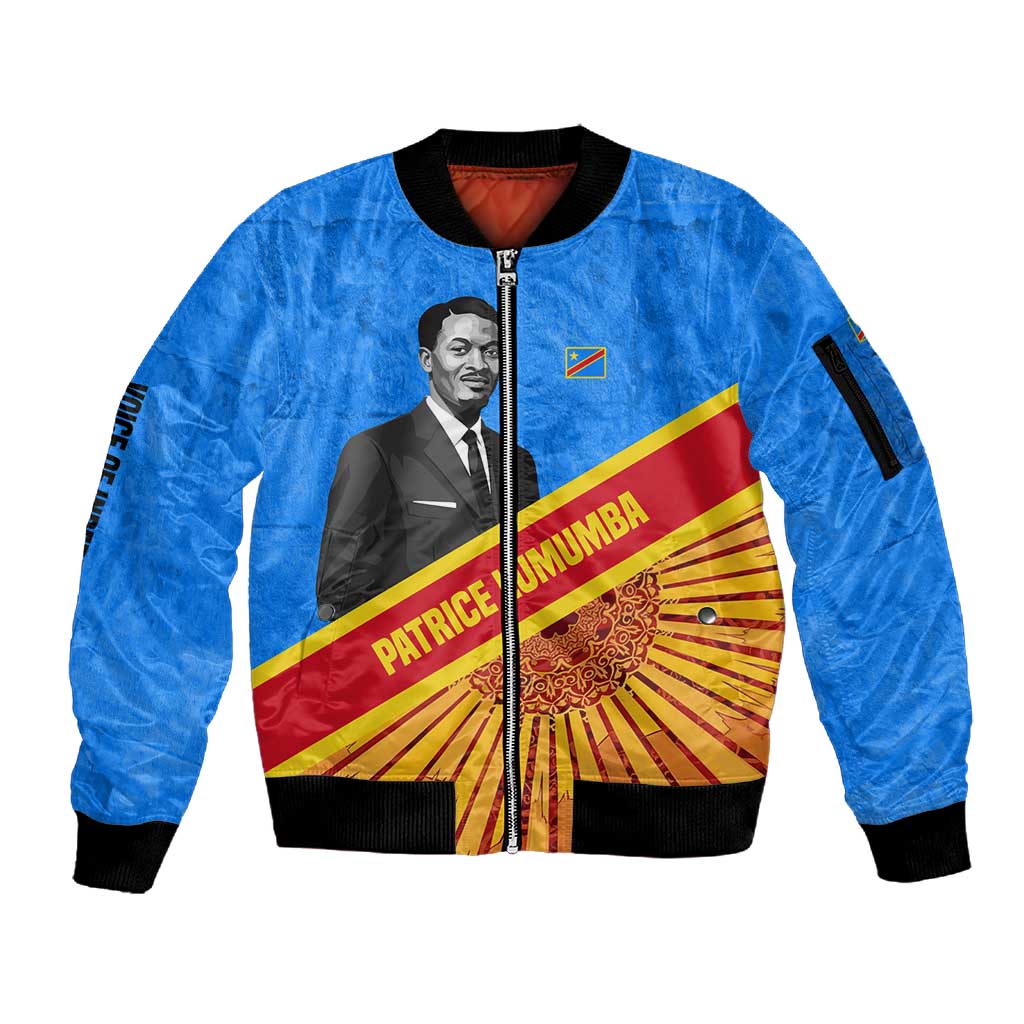 Patrice Lumumba Sleeve Zip Bomber Jacket with Congolese Flag Colors and African History Quote - African Pride