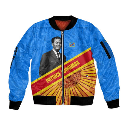Patrice Lumumba Sleeve Zip Bomber Jacket with Congolese Flag Colors and African History Quote - African Pride