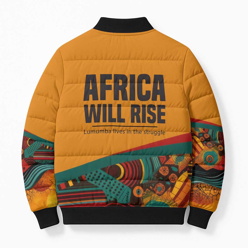 Patrice Lumumba Bomber Puffer Jacket with Profile Portrait and Bold Africa Will Rise Statement - African Pride