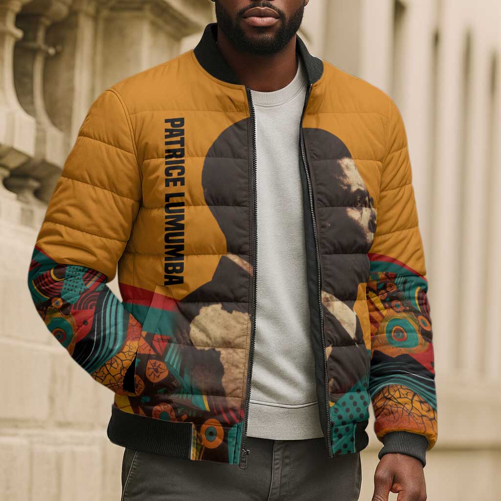 Patrice Lumumba Bomber Puffer Jacket with Profile Portrait and Bold Africa Will Rise Statement - African Pride