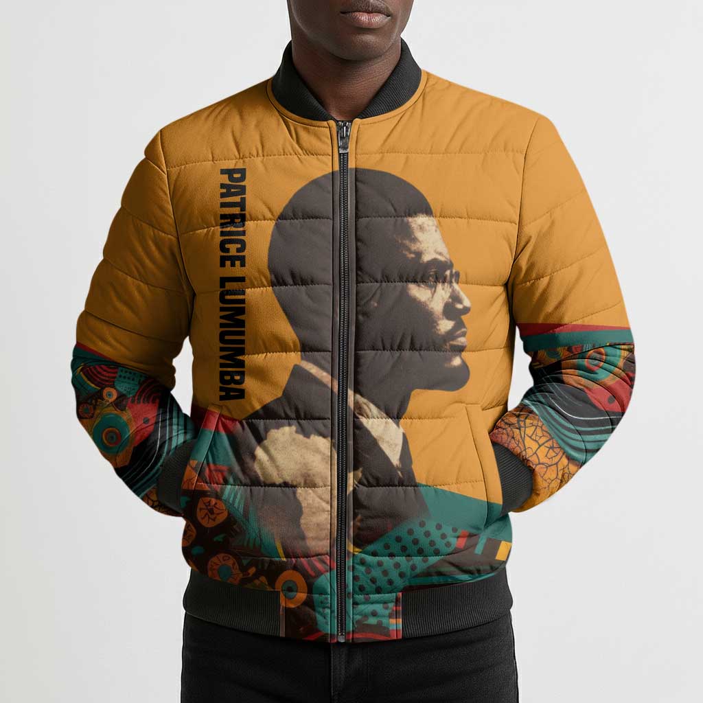 Patrice Lumumba Bomber Puffer Jacket with Profile Portrait and Bold Africa Will Rise Statement - African Pride
