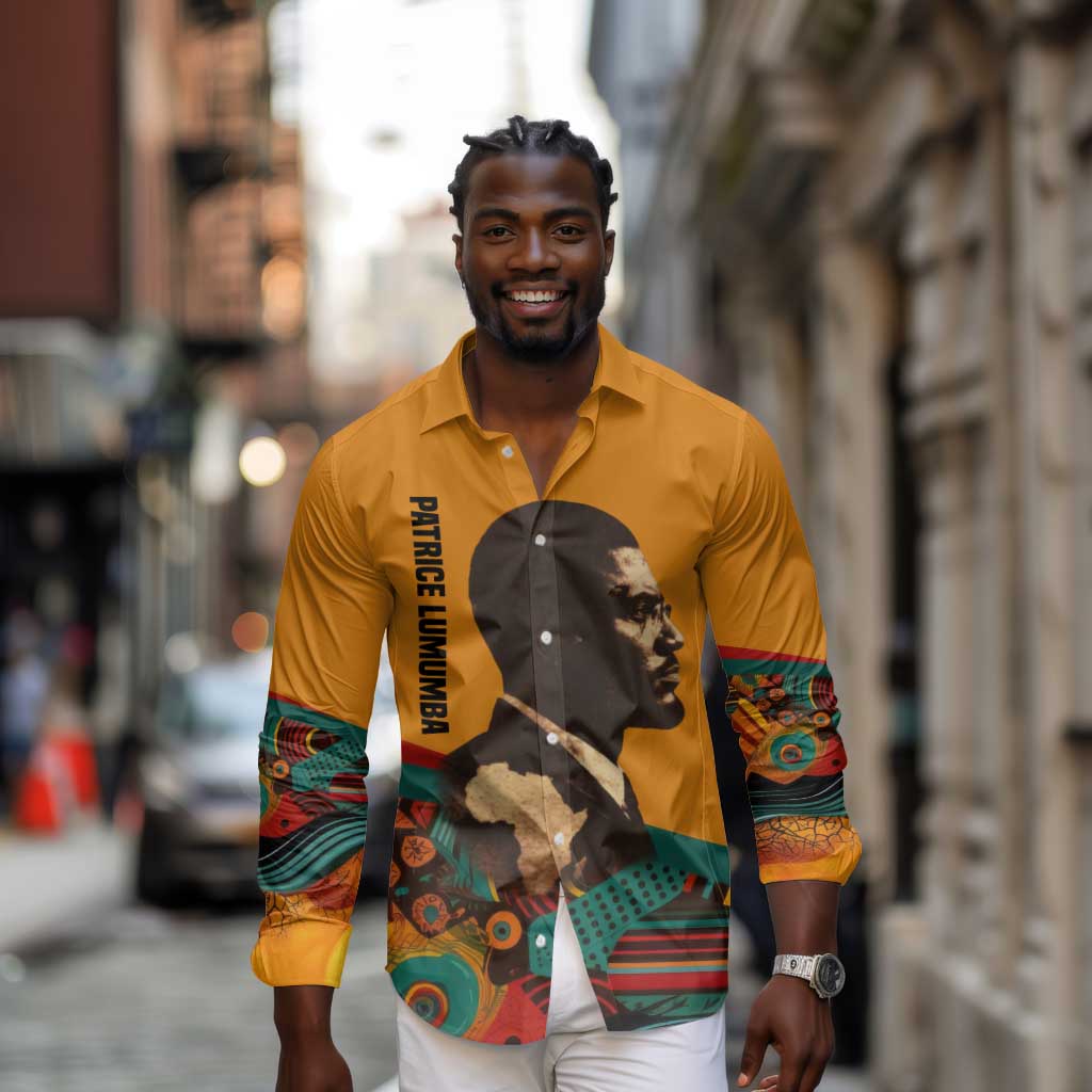 Patrice Lumumba Long Sleeve Button Shirt with Profile Portrait and Bold Africa Will Rise Statement - African Pride