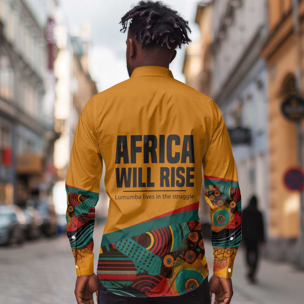Patrice Lumumba Long Sleeve Button Shirt with Profile Portrait and Bold Africa Will Rise Statement - African Pride