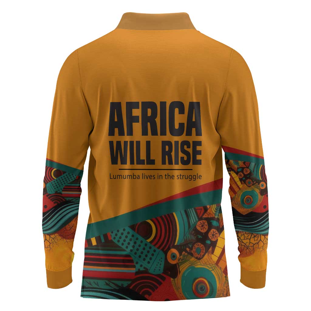 Patrice Lumumba Long Sleeve Polo Shirt with Profile Portrait and Bold Africa Will Rise Statement - African Pride