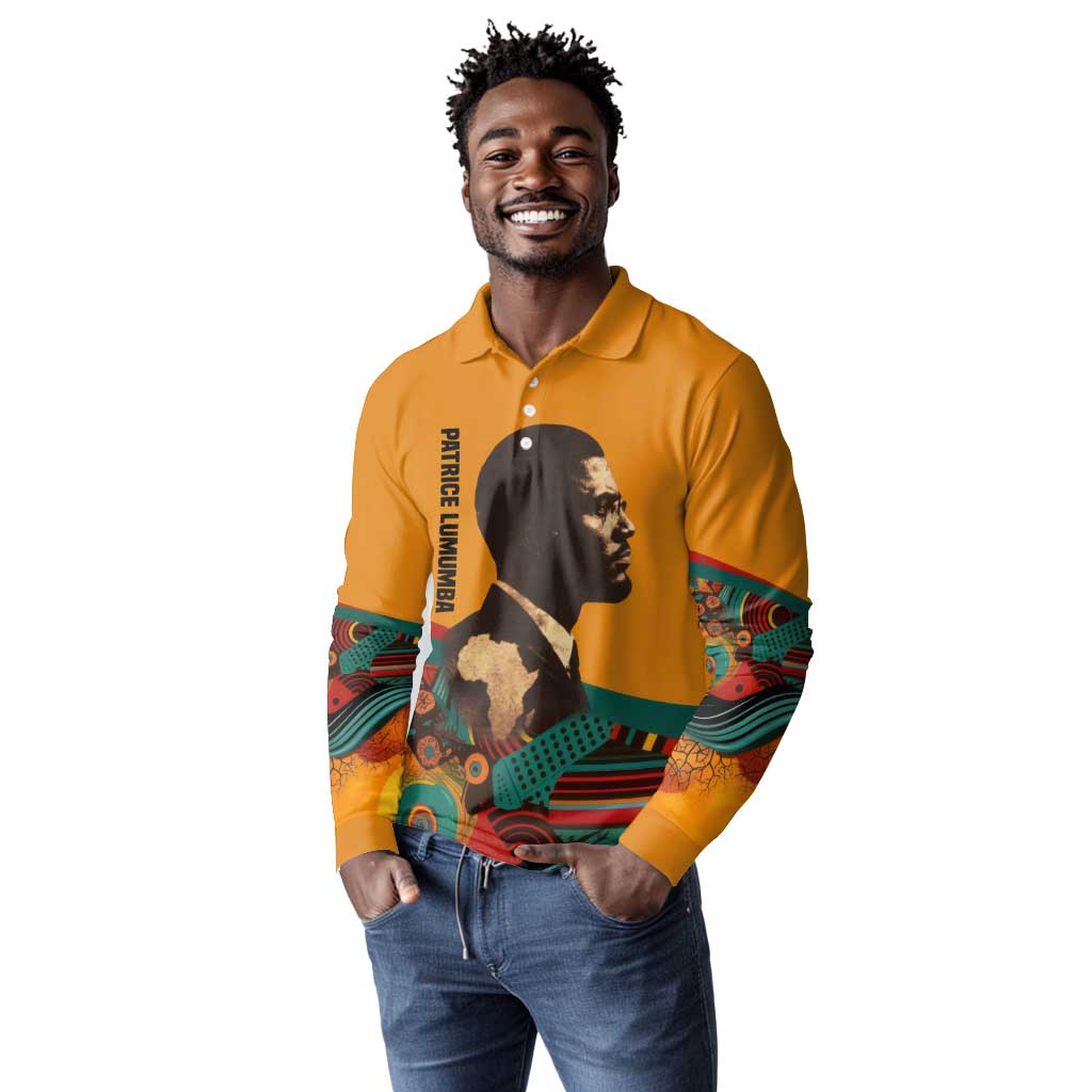 Patrice Lumumba Long Sleeve Polo Shirt with Profile Portrait and Bold Africa Will Rise Statement - African Pride