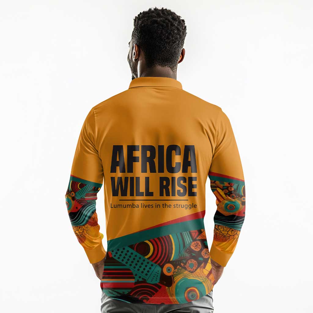 Patrice Lumumba Long Sleeve Polo Shirt with Profile Portrait and Bold Africa Will Rise Statement - African Pride