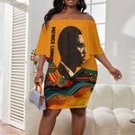 Patrice Lumumba Off Shoulder Short Dress with Profile Portrait and Bold Africa Will Rise Statement - African Pride