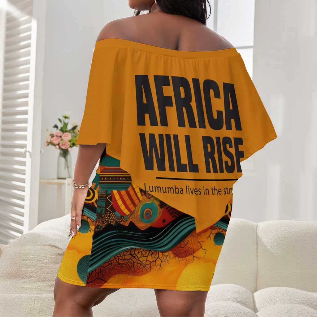 Patrice Lumumba Off Shoulder Short Dress with Profile Portrait and Bold Africa Will Rise Statement - African Pride