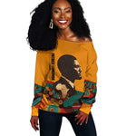 Patrice Lumumba Off Shoulder Sweater with Profile Portrait and Bold Africa Will Rise Statement - African Pride