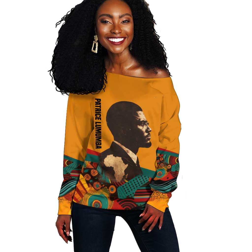 Patrice Lumumba Off Shoulder Sweater with Profile Portrait and Bold Africa Will Rise Statement - African Pride