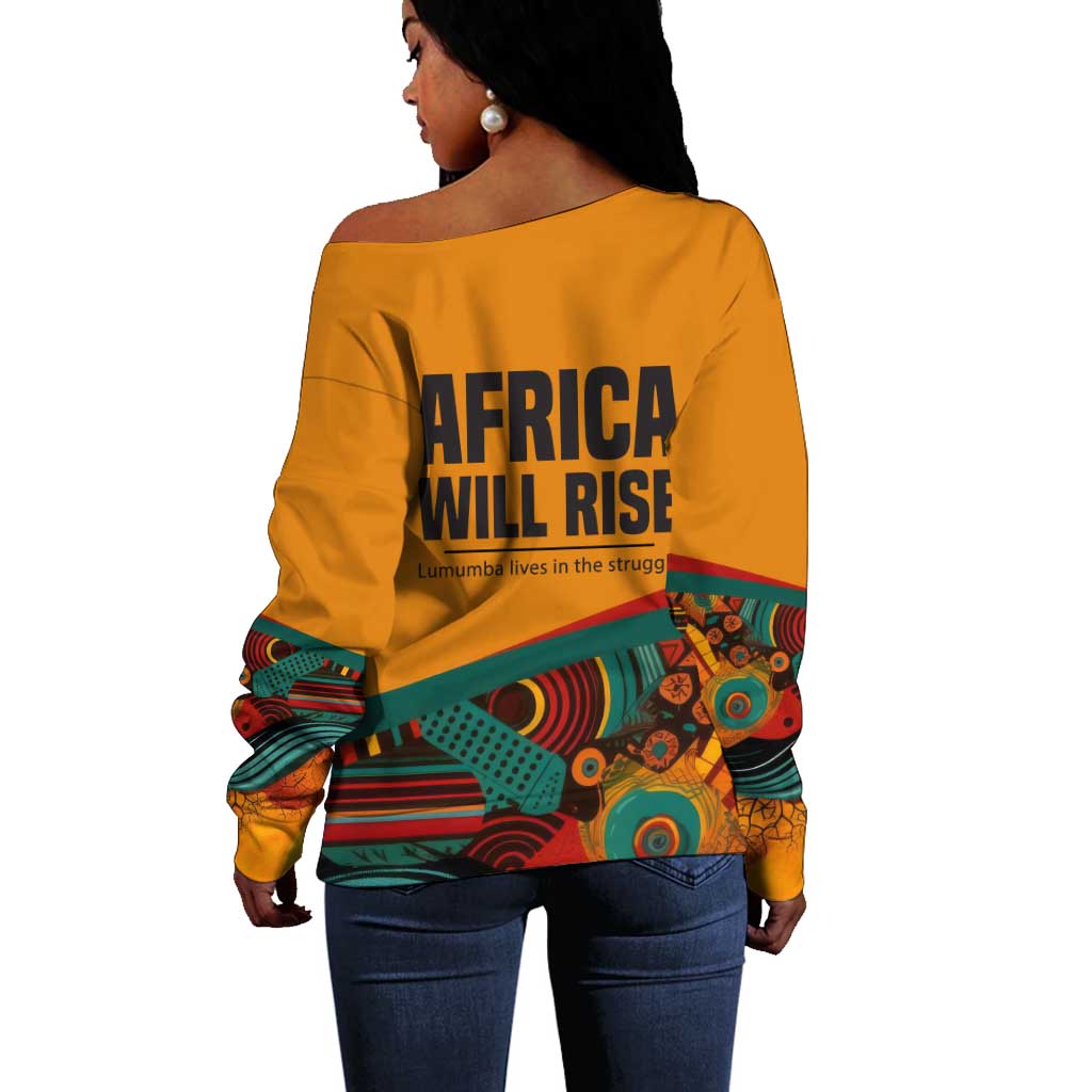 Patrice Lumumba Off Shoulder Sweater with Profile Portrait and Bold Africa Will Rise Statement - African Pride