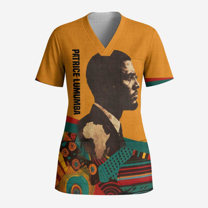 Patrice Lumumba Scrub Top with Profile Portrait and Bold Africa Will Rise Statement - African Pride
