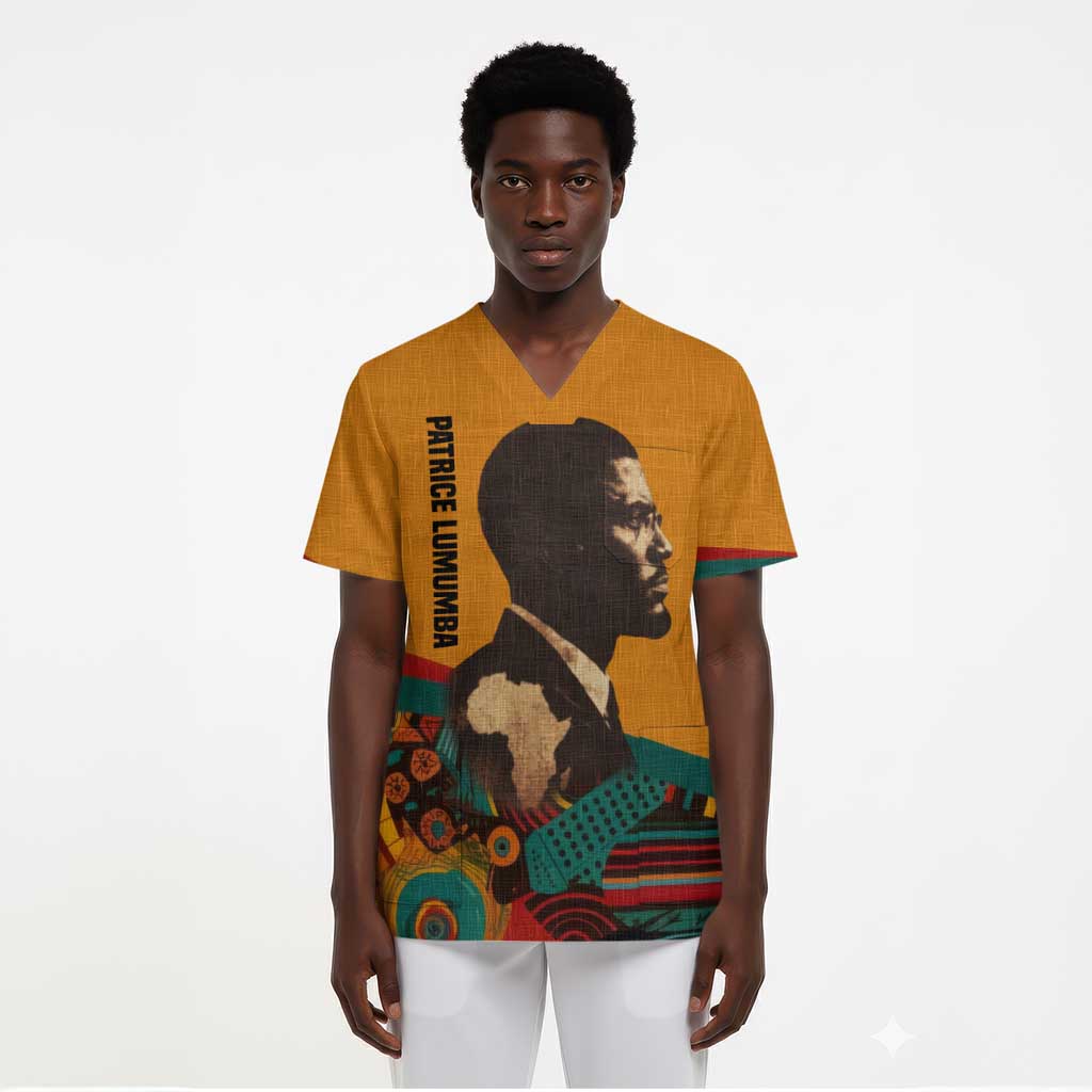 Patrice Lumumba Scrub Top with Profile Portrait and Bold Africa Will Rise Statement - African Pride