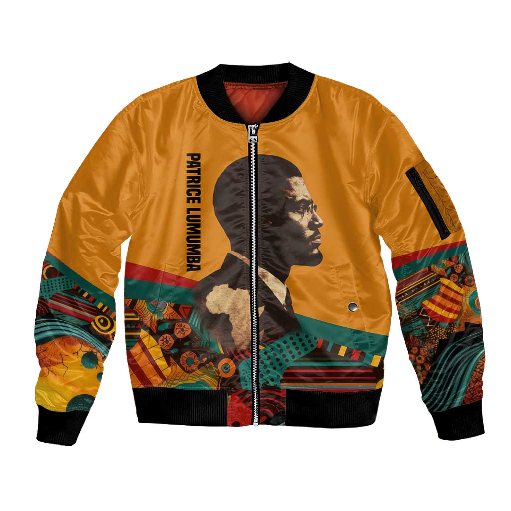 Patrice Lumumba Sleeve Zip Bomber Jacket with Profile Portrait and Bold Africa Will Rise Statement - African Pride