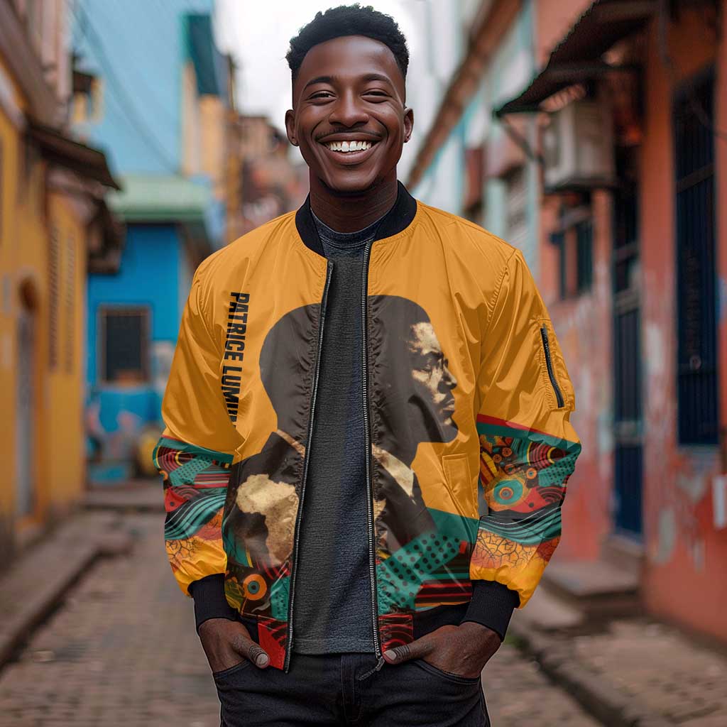 Patrice Lumumba Sleeve Zip Bomber Jacket with Profile Portrait and Bold Africa Will Rise Statement - African Pride