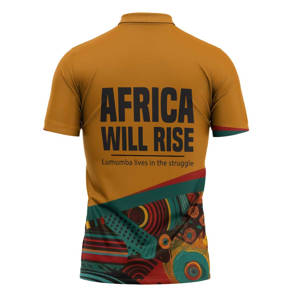 Patrice Lumumba Zipper Polo Shirt with Profile Portrait and Bold Africa Will Rise Statement - African Pride