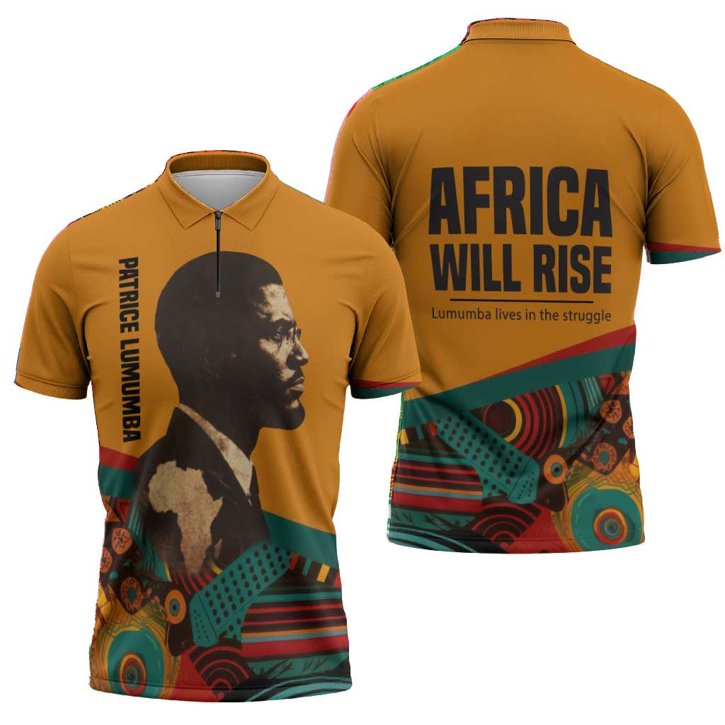 Patrice Lumumba Zipper Polo Shirt with Profile Portrait and Bold Africa Will Rise Statement - African Pride