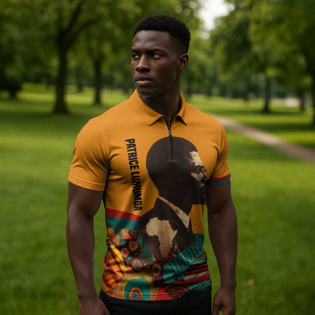 Patrice Lumumba Zipper Polo Shirt with Profile Portrait and Bold Africa Will Rise Statement - African Pride