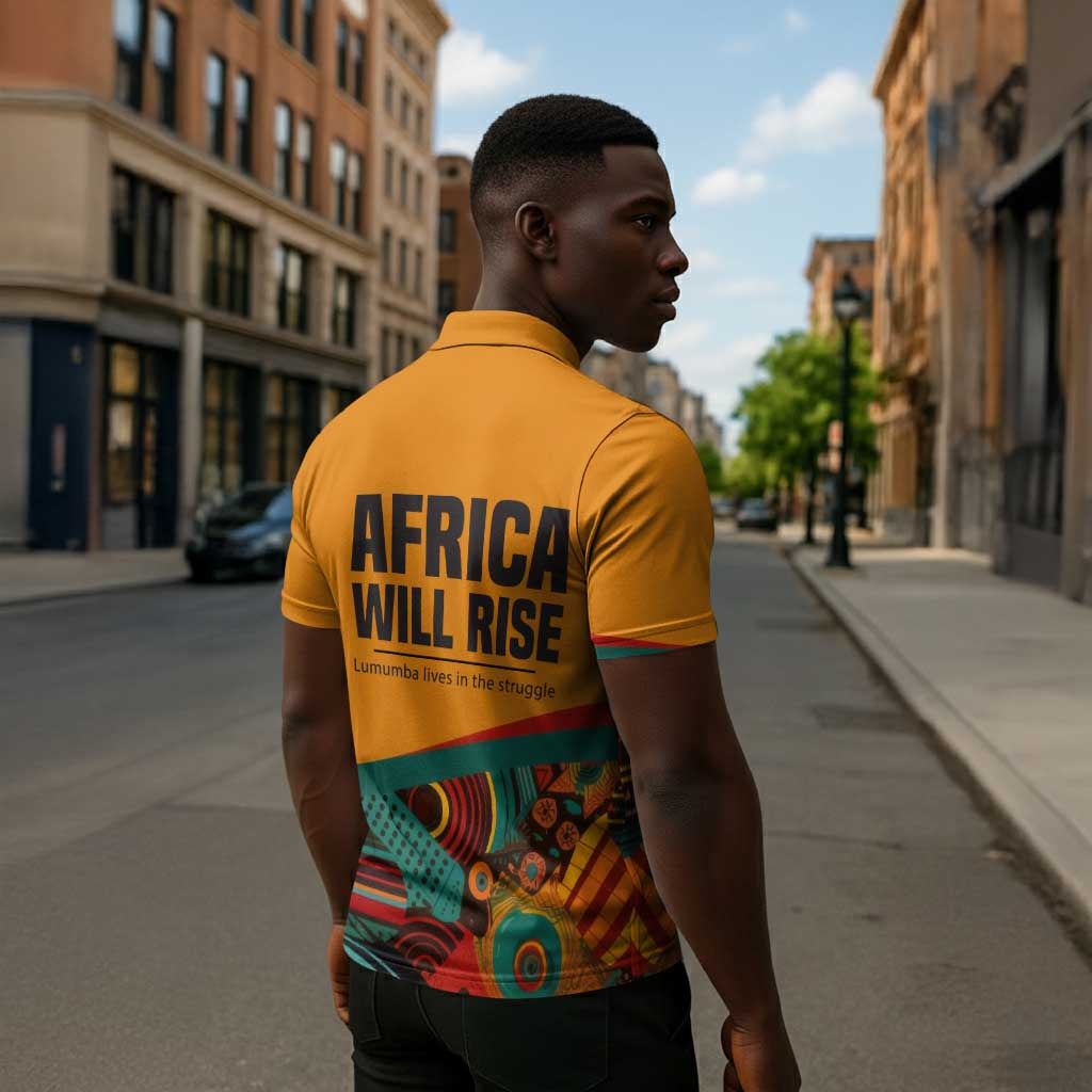 Patrice Lumumba Zipper Polo Shirt with Profile Portrait and Bold Africa Will Rise Statement - African Pride