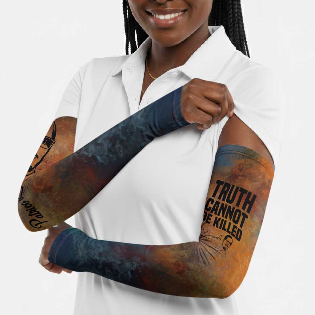 Patrice Lumumba Arm Sleeves with Line Art Portrait and Truth Cannot Be Killed Inspirational Quote - African Pride