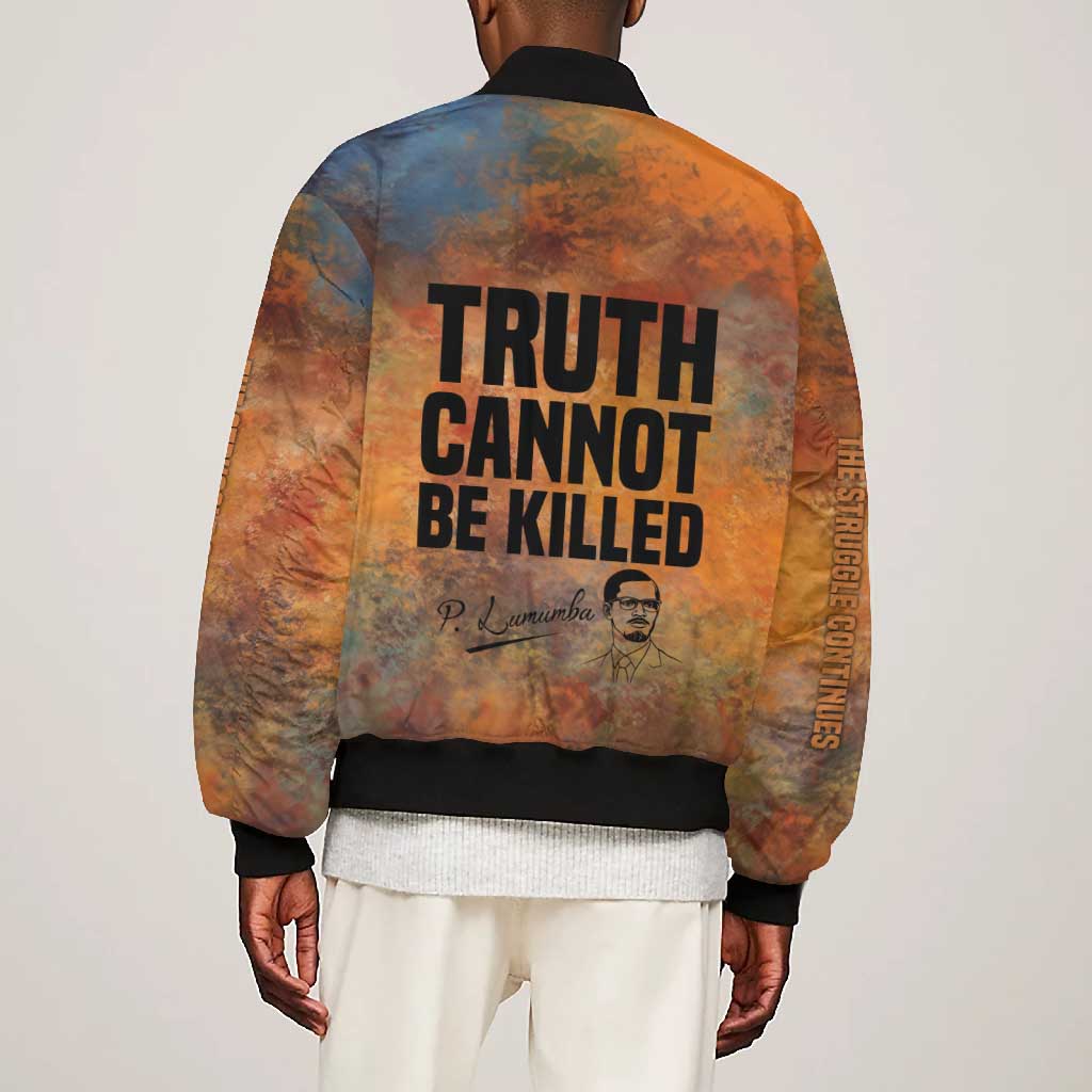 Patrice Lumumba Bomber Jacket with Line Art Portrait and Truth Cannot Be Killed Inspirational Quote - African Pride
