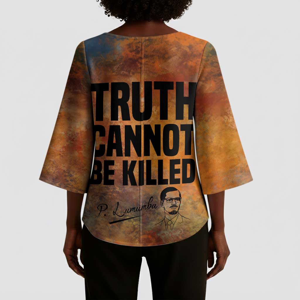 Patrice Lumumba Kimono Sleeve Blouse with Line Art Portrait and Truth Cannot Be Killed Inspirational Quote - African Pride