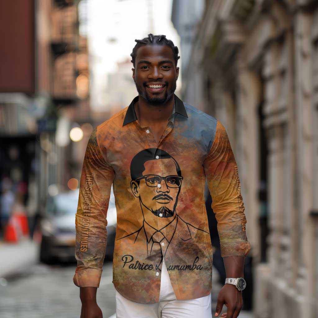Patrice Lumumba Long Sleeve Button Shirt with Line Art Portrait and Truth Cannot Be Killed Inspirational Quote - African Pride