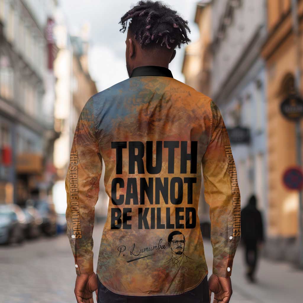 Patrice Lumumba Long Sleeve Button Shirt with Line Art Portrait and Truth Cannot Be Killed Inspirational Quote - African Pride