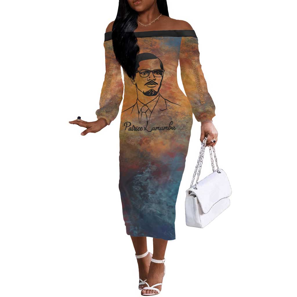 Patrice Lumumba Off The Shoulder Long Sleeve Dress with Line Art Portrait and Truth Cannot Be Killed Inspirational Quote - African Pride
