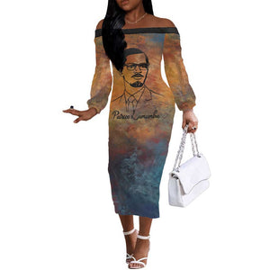 Patrice Lumumba Off The Shoulder Long Sleeve Dress with Line Art Portrait and Truth Cannot Be Killed Inspirational Quote - African Pride