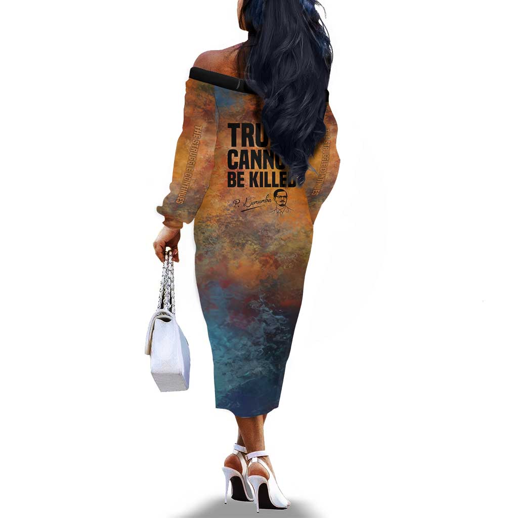 Patrice Lumumba Off The Shoulder Long Sleeve Dress with Line Art Portrait and Truth Cannot Be Killed Inspirational Quote - African Pride