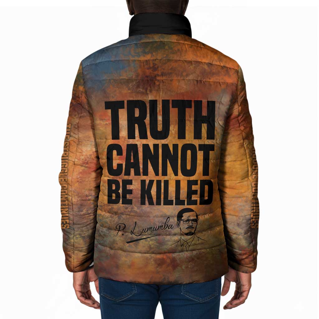 Patrice Lumumba Padded Jacket with Line Art Portrait and Truth Cannot Be Killed Inspirational Quote - African Pride
