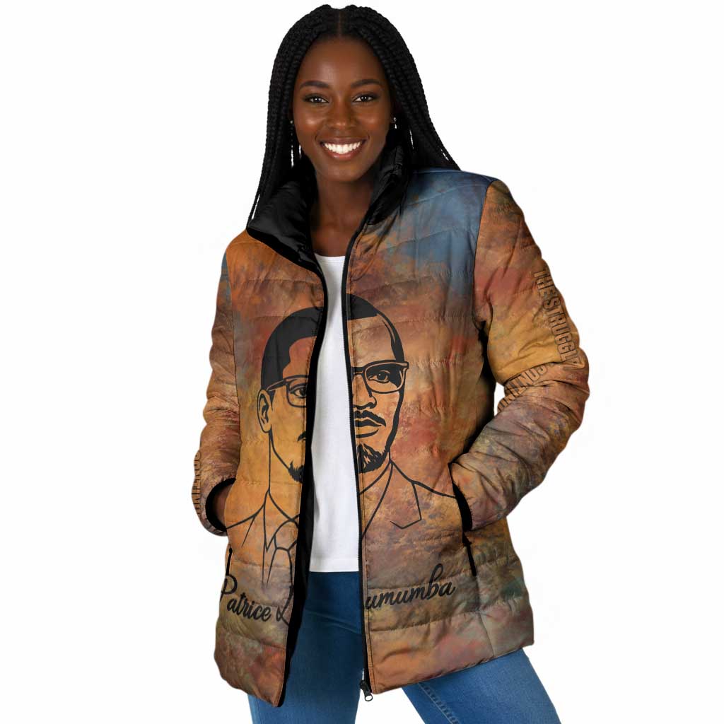 Patrice Lumumba Padded Jacket with Line Art Portrait and Truth Cannot Be Killed Inspirational Quote - African Pride