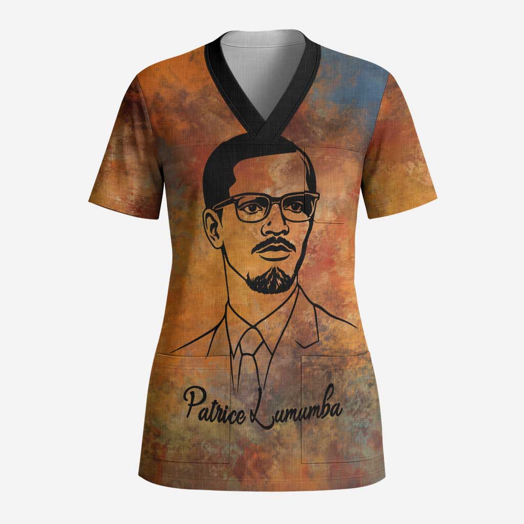 Patrice Lumumba Scrub Top with Line Art Portrait and Truth Cannot Be Killed Inspirational Quote - African Pride