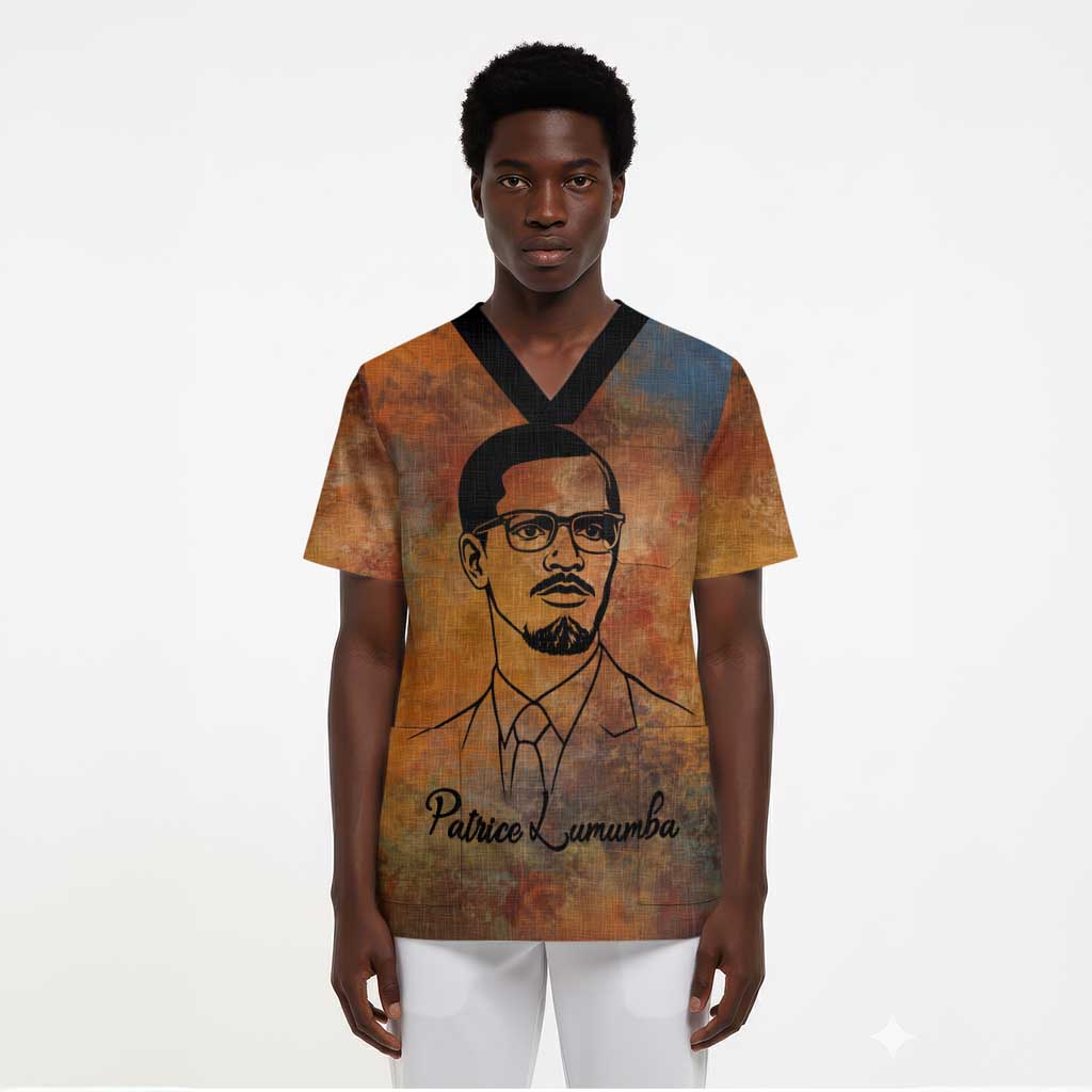 Patrice Lumumba Scrub Top with Line Art Portrait and Truth Cannot Be Killed Inspirational Quote - African Pride