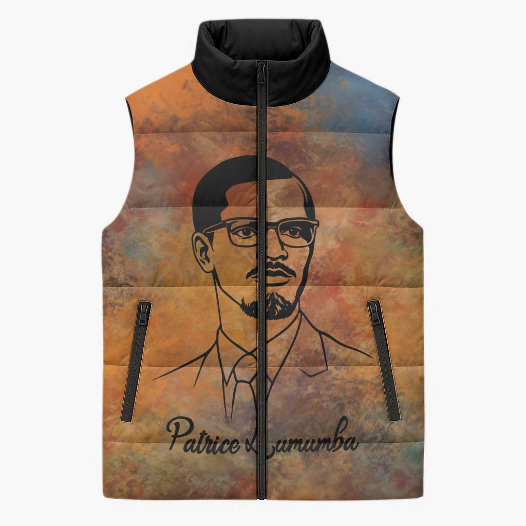 Patrice Lumumba Sleeveless Puffer Jacket with Line Art Portrait and Truth Cannot Be Killed Inspirational Quote - African Pride